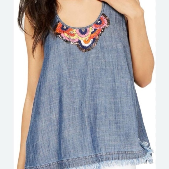 Trina Turk Chambray Embroidered Tank Top Small Beaded - Picture 1 of 10